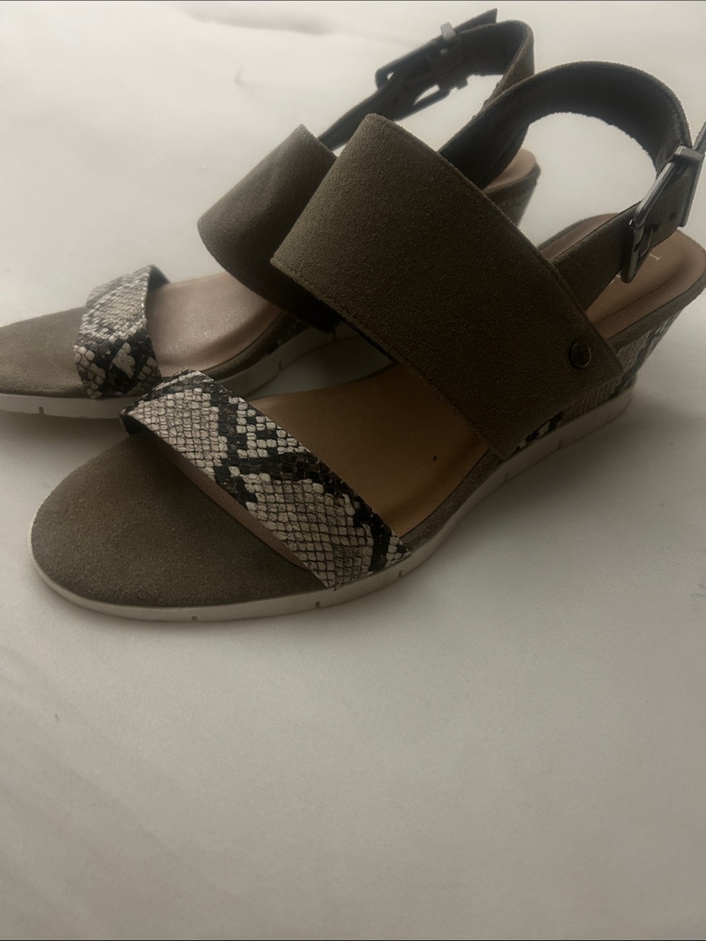 Suede Wedge Sandals with Snake-Print